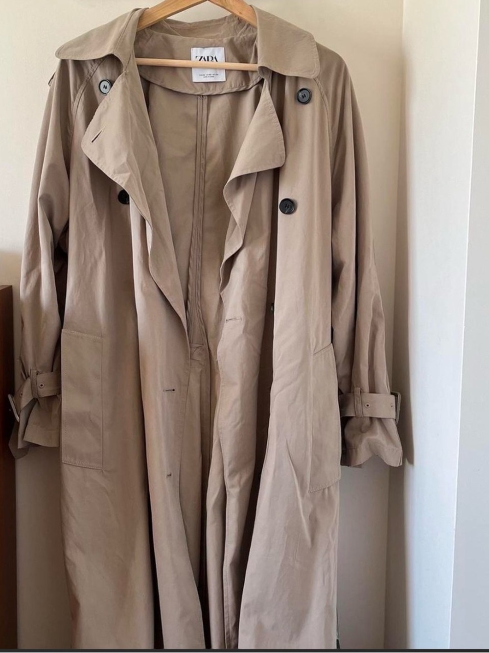 Zara Long Beige Double-Breasted Trench Coat